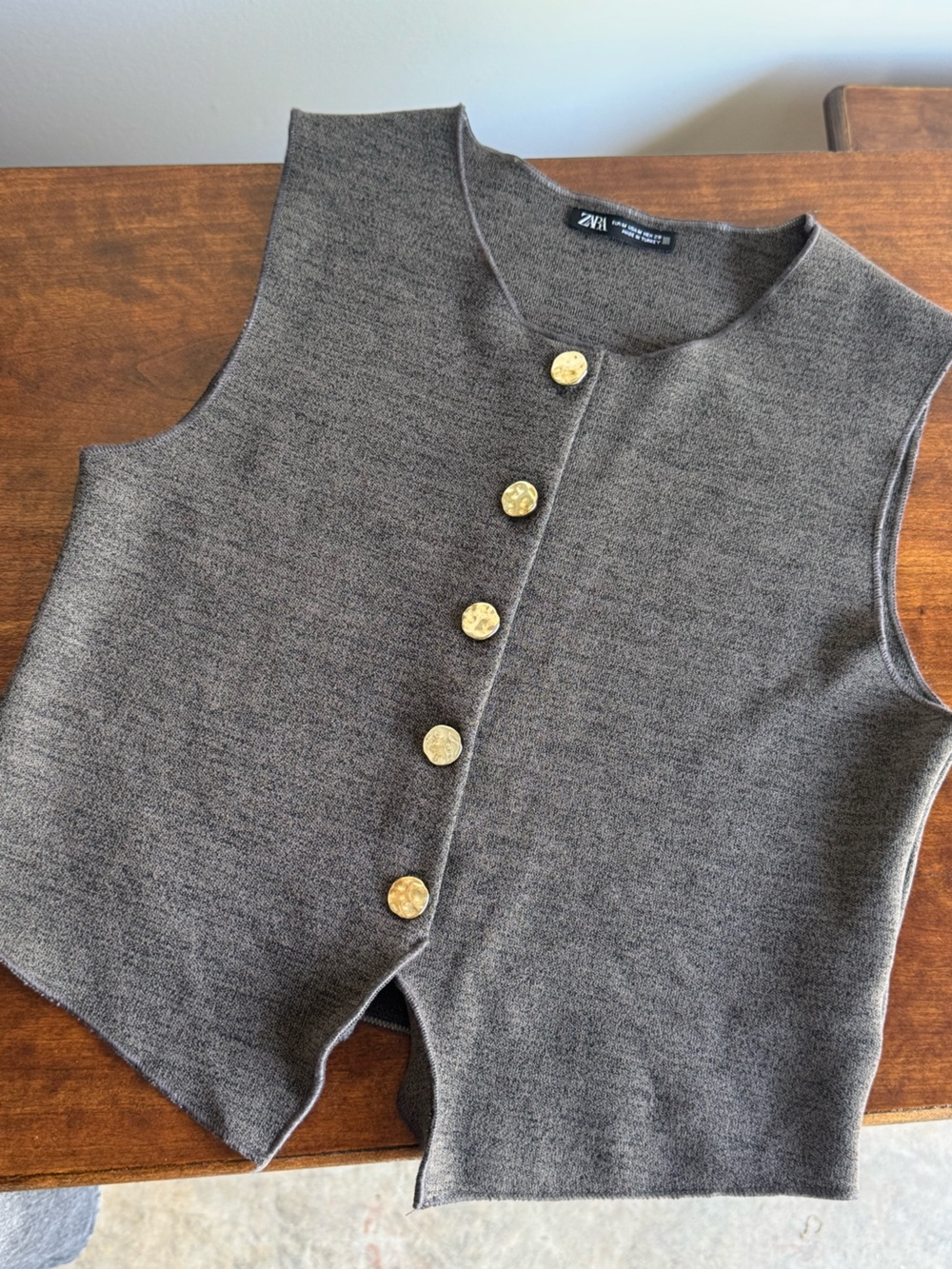 NWOT Zara Charcoal Knit Vest Gold Shell Button | size M